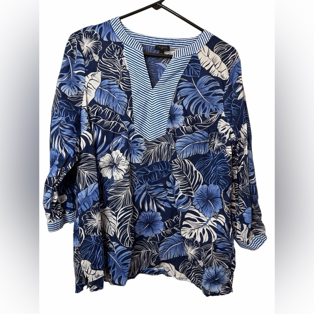 Talbots Tropical Womens Blouse Blue & White Hibiscus Palms Tunic Resort